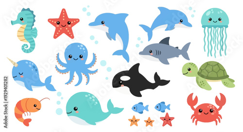 Collection of cartoon sea creatures and marine animals.