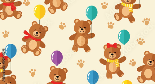 Cute cartoon teddy bears with balloons on a beige background.