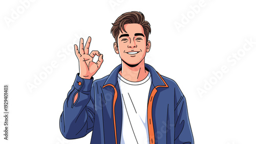 Handsome young man in a white t-shirt and blue jacket makes an okay hand sign and smiles warmly with great confidence.