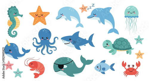 Colorful cartoon sea creatures and stars on white background.