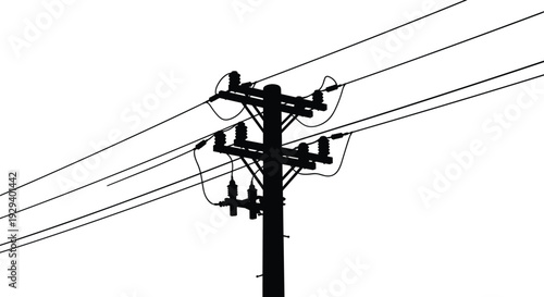Silhouette Illustration of an Electric Utility Pole with High Voltage Power Lines and Insulators for Infrastructure and Energy Distribution Design