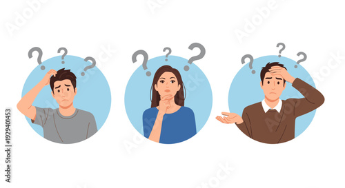 Three people confused with question marks above their heads.