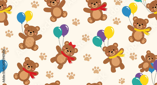 Cute cartoon teddy bears with balloons and paw prints on a beige background.