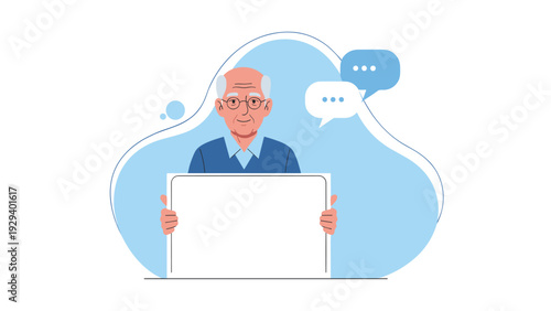 Elderly man with glasses holds a blank white sign while speech bubbles appear in the background for communication concept.