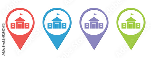 School Building Location Pin Icons Set – Education Map Markers Vector Illustration