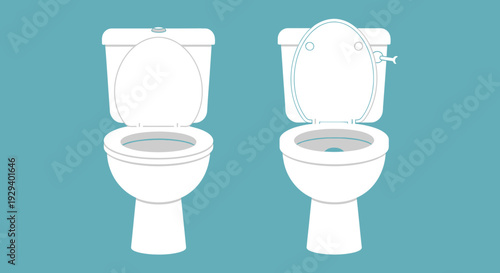 White toilet illustration with lid up and down on blue background.