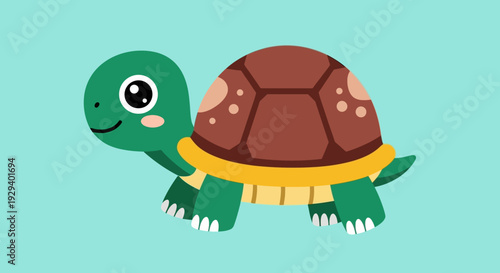 A cartoon turtle with a green body and brown shell.