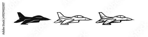 Fighter jet aircraft icon set in solid, outline, and hand-drawn styles, representing air combat.