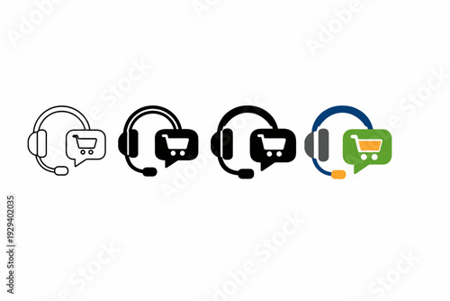 Customer support headset icons with shopping cart symbols in various styles
