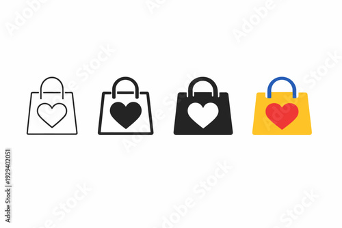 Set of four heart icon shopping bags with color variations on white background