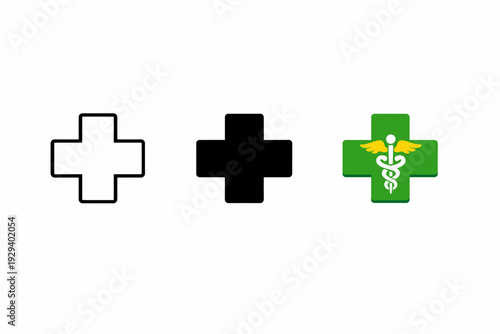 Medical cross symbols in different styles: outline, solid black, green with caduceus