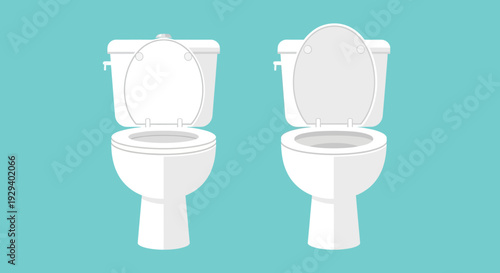 White Toilet Bowls with Open Lids on Turquoise Background.