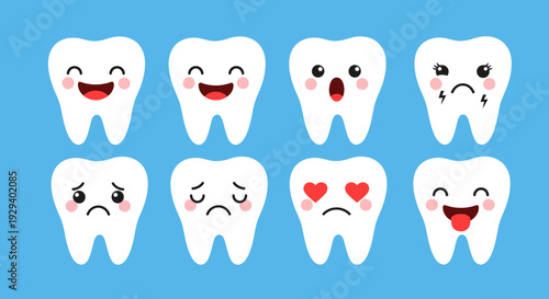 Cartoon teeth with different facial expressions on blue background.