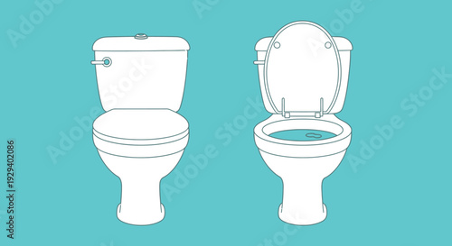 White toilet with lid closed and open on turquoise background.