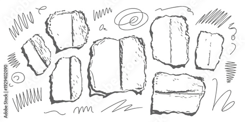 Hand-Drawn Torn Paper Scraps and Doodle Texture Elements for Collage and Design white background.