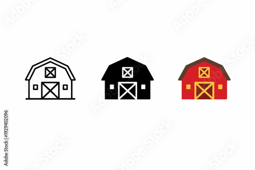Set of three barn icons: outline, silhouette, colorful
