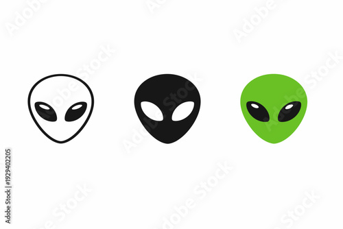 Minimalist alien head icons in trio: black, white, green variations