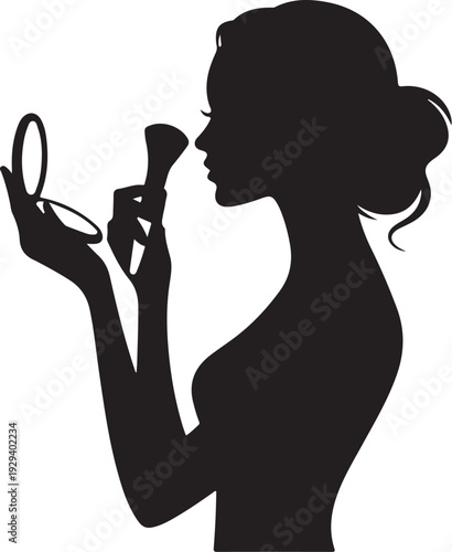 Woman applying makeup with brush and mirror silhouette