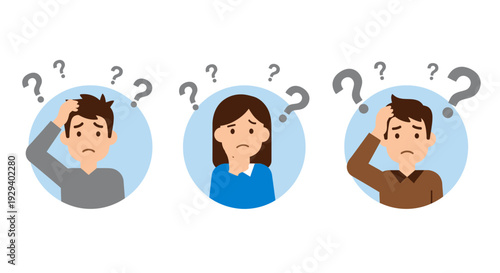 Three people puzzled with question marks above their heads.