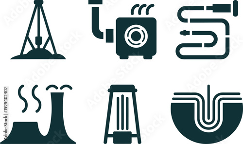 Industrial Energy and Resource Icons: Drilling Rig, Boiler, Heat Exchanger, Cooling Tower, and Furnace Vector Symbols for Power Generation