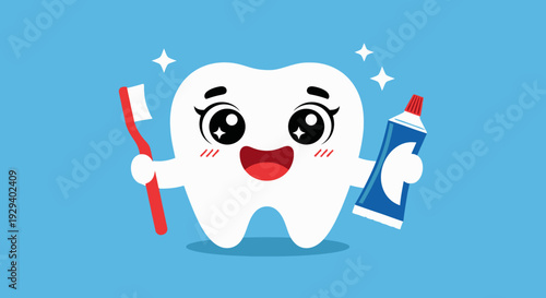 Happy cartoon tooth character holding toothbrush and toothpaste on blue background.