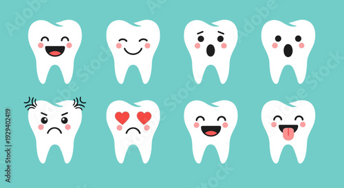 Cartoon teeth with various facial expressions on turquoise background.