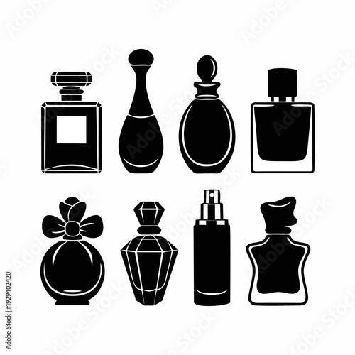 Set of Perfume Bottle Silhouettes Icons in Various Shapes and Luxury Fragrance Packaging Design