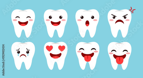 Cartoon teeth with various facial expressions and emotions.