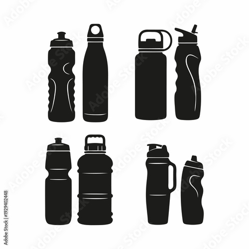 Sports Water Bottle Silhouettes Collection, Reusable Drinkware Icons for Fitness and Outdoor