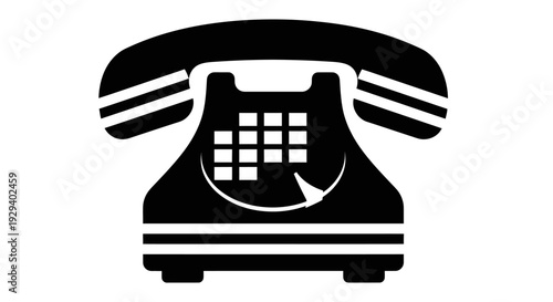 Vintage black rotary telephone icon on white background.
