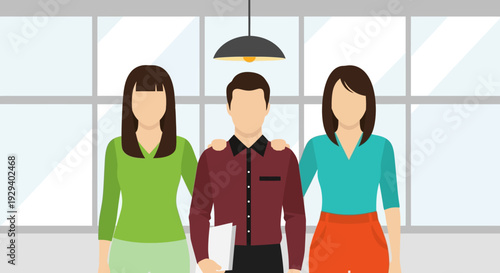 Three colleagues standing together in a modern office environment.