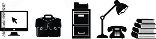 Collection of five classic office and workspace icons, black vector symbols of computer monitor, briefcase, filing cabinet, desk lamp, and telephone.