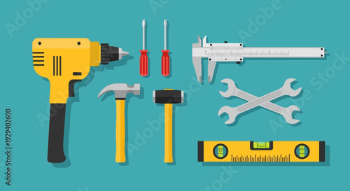 Assorted carpentry tools arranged neatly on a blue background.