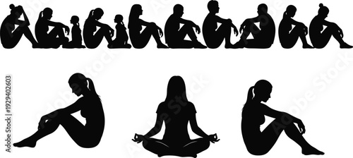 Silhouette Set of People Expressing Sadness Depression and Loneliness Contrasted with a Woman Practicing Yoga Meditation for Mental Wellness Balance