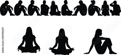 Silhouette Set of People Sitting in Different Poses Including Meditation Yoga Contemplation and Sadness for Conceptual Health and Wellness Design
