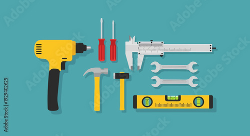 Assorted tools including drill, screwdrivers, hammer, wrenches, and level on a teal background.