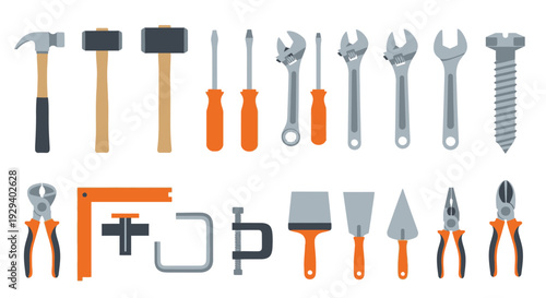 Assorted hand tools and gardening equipment arranged neatly.