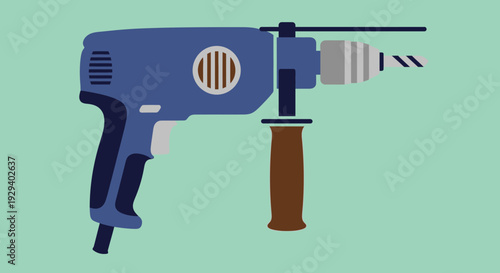 Blue electric drill on a green background with a brown handle.
