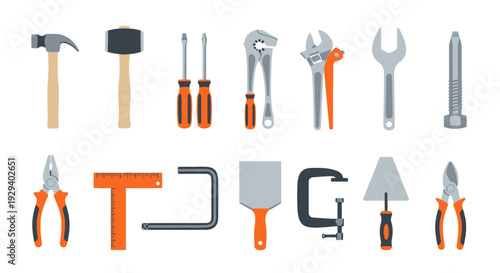 Assorted Hand Tools and Equipment for Construction and DIY Projects.