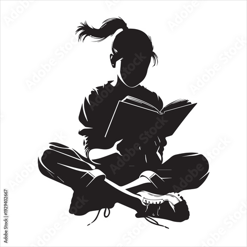 Vector illustration of a man and boy sitting together reading a book while a woman works on a laptop computer in a clean black silhouette drawing for school education or business office art