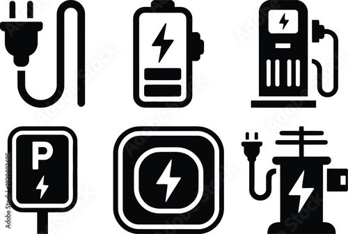 Electric Vehicle Charging Icons Collection: EV Plug, Battery Indicator, Charging Station, and Parking Sign Set in Black Silhouette