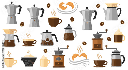 Collection of coffee making equipment and beverages, illustrating the art of brewing coffee with various tools and delicious drinks