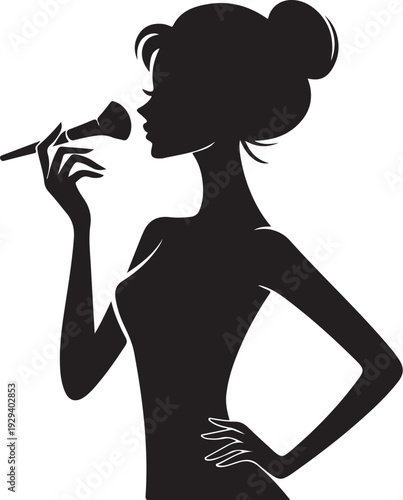 Woman applying makeup with brush silhouette black white