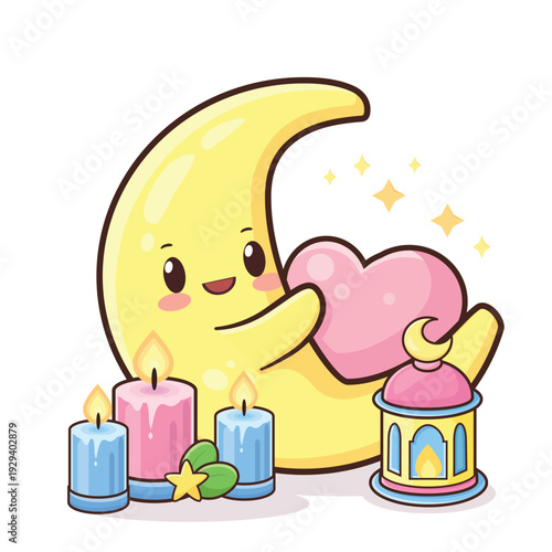 moon holding heart character cartoon vector illustration