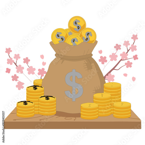 Pot of gold coins and money bag illustration