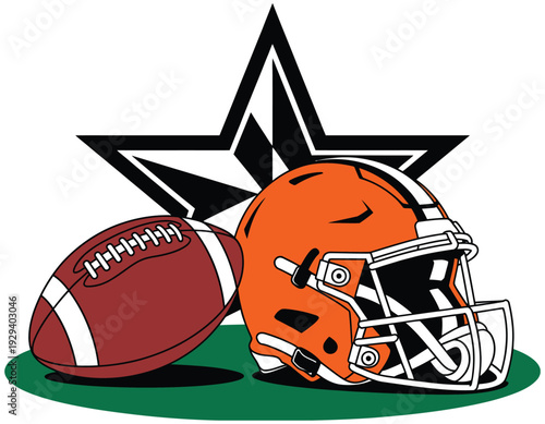 Orange American Football Helmet and Ball on Grass with a Black and White Checkered Star Background, vibrant athletic gear composition featuring dramatic lighting and textured field surface for 