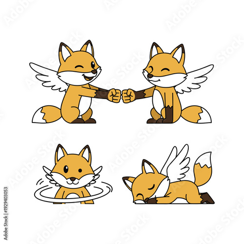 Cartoon fox characters with wings shaking hands in friendship gesture