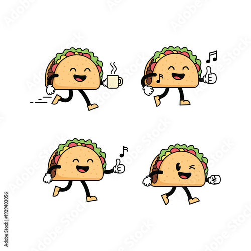 Cartoon taco character dancing with coffee and music in a fun and playful style
