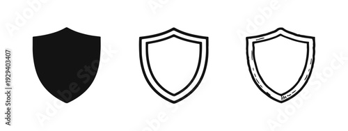 Classic shield icon set in solid, outline, and hand-drawn styles. Protection, security, and defense symbol.