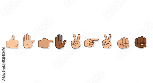 Diverse hands gesturing various signs in a row, showcasing different skin tones and actions from a straightforward viewpoint